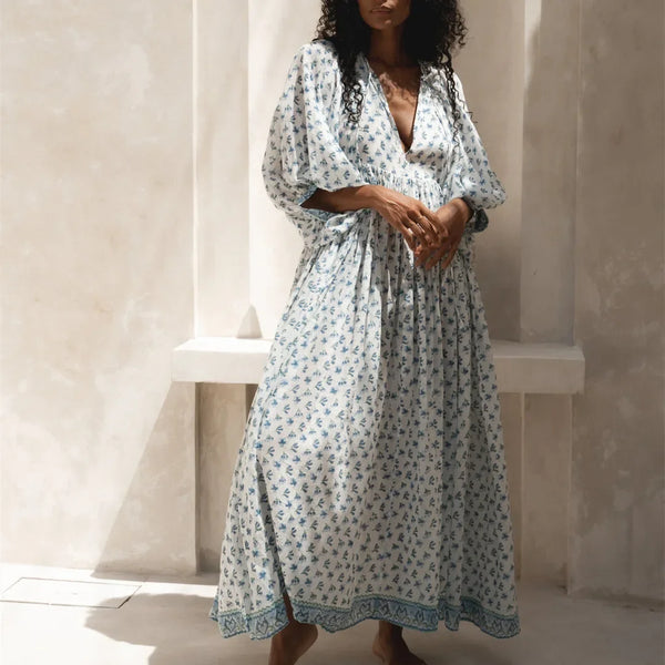 Women's Floral Boho Maxi Dress – V Neck, Lantern Sleeve, Y2K Summer Beach Sundress