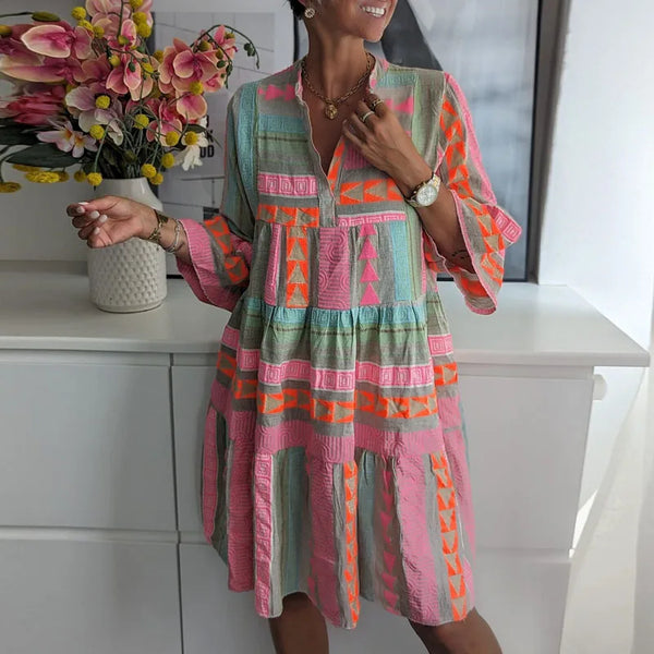 Pink Geometric A-Line Mini Dress – V-Neck, Flare Sleeve, Casual Chic