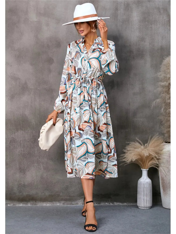 Autumn Leaf Print Midi Dress – Pleated, Lace-Up Waist, Long Sleeve