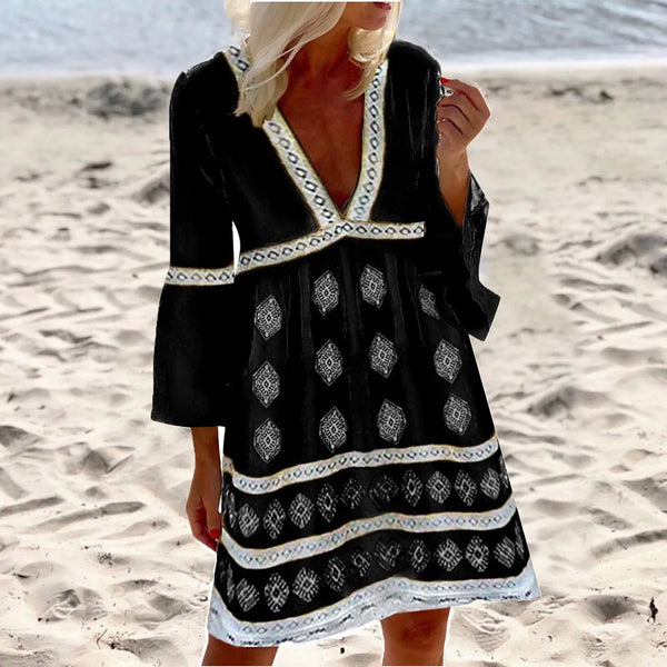 Boho Summer Cotton Dress for Women – O-Neck, Long Sleeve, Knee-Length, Plus Size Casual Sundress