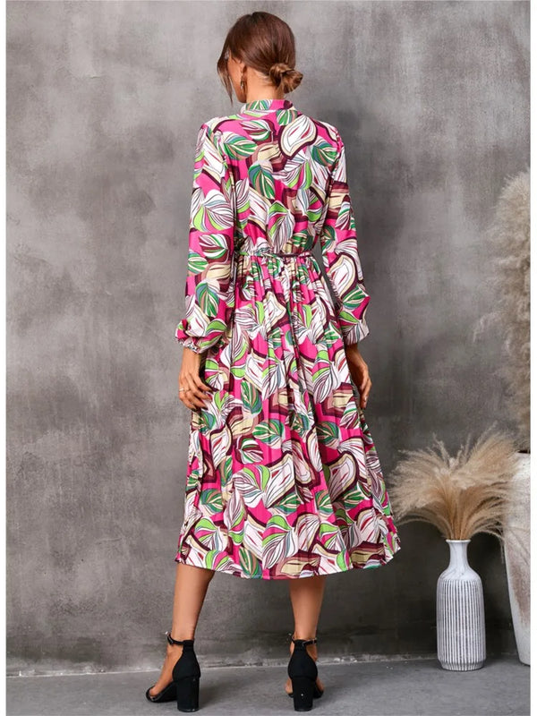 Autumn Leaf Print Midi Dress – Pleated, Lace-Up Waist, Long Sleeve