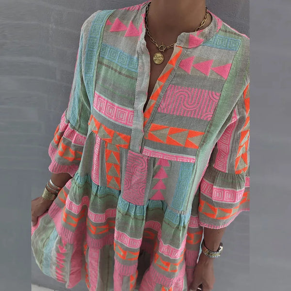 Pink Geometric A-Line Mini Dress – V-Neck, Flare Sleeve, Casual Chic