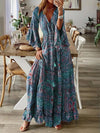 Boho V-Neck Maxi Dress – Flare Sleeves, Floral, High Waist