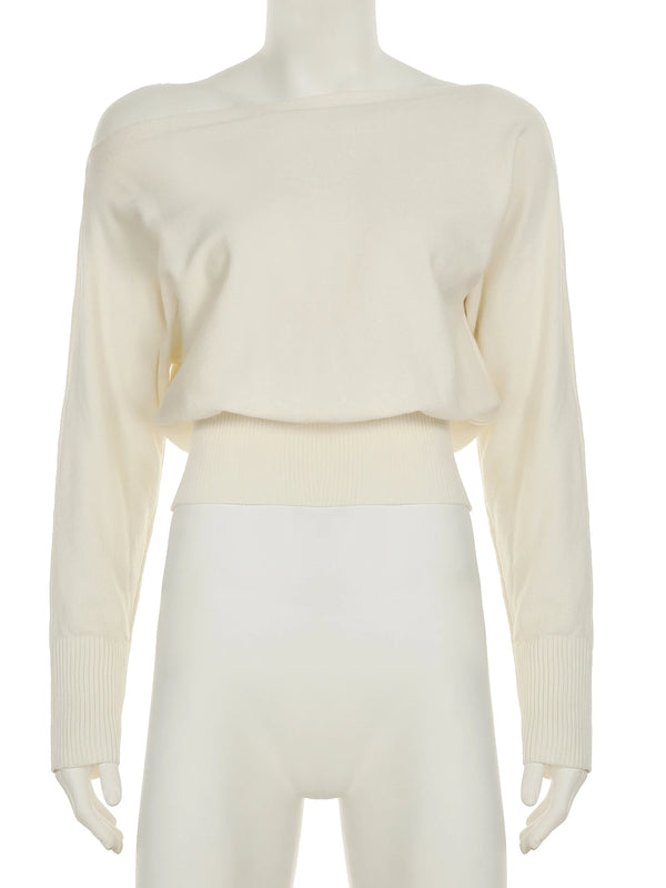 Off-Shoulder Knit Sweater – Slash Neck, Loose Fit, Winter 2025