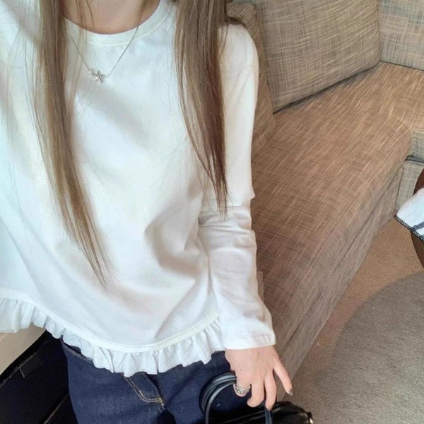 Women’s White Long Sleeve Pleated Lace Hem Shirt – Korean Style O-Neck Casual Innerwear Top for Autumn & Winter