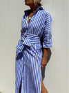 Striped Belted Shirt Dress – Long Sleeve, Mid-Calf, Office Casual