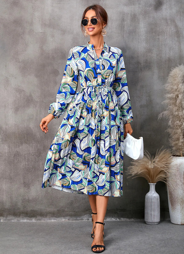 Autumn Leaf Print Midi Dress – Pleated, Lace-Up Waist, Long Sleeve