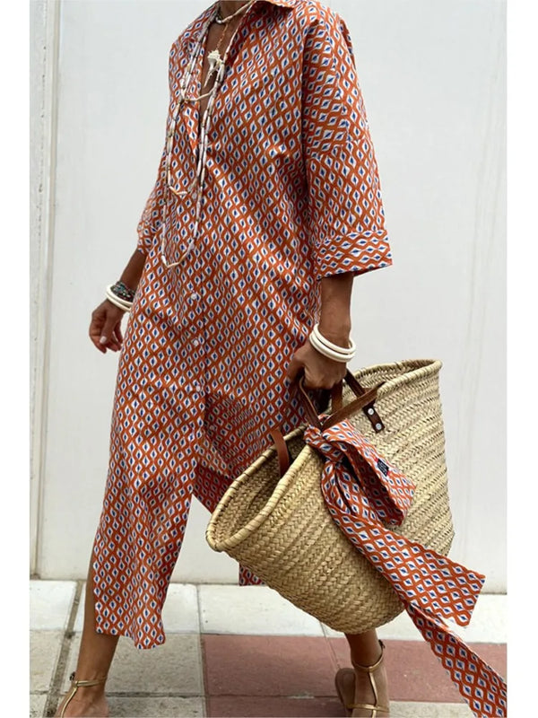 Striped Belted Shirt Dress – Long Sleeve, Mid-Calf, Office Casual