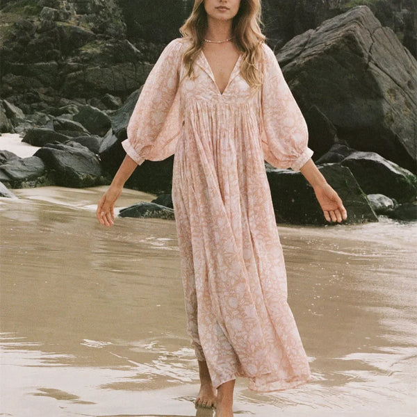 Women's Floral Boho Maxi Dress – V Neck, Lantern Sleeve, Y2K Summer Beach Sundress