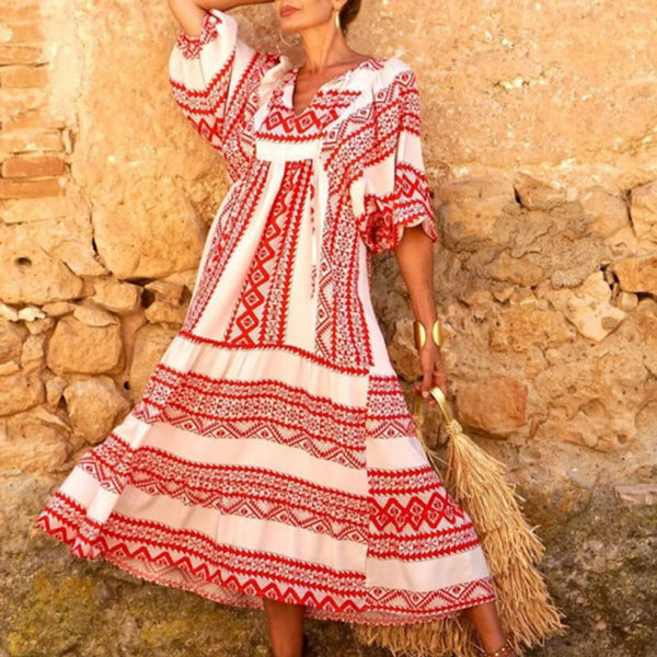 Women's Spring Geometric Print Maxi Dress – V-Neck Lace-Up, Bubble Sleeves, Ruffle Hem, Loose A-Line Swing Fit