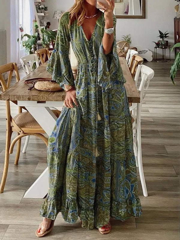 Boho V-Neck Maxi Dress – Flare Sleeves, Floral, High Waist