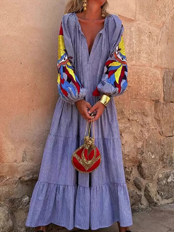 Women’s Autumn Striped V-Neck Maxi Dress – Lantern Sleeves, Loose Fit, Long Sleeve Casual A-Line Dress