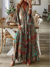 Boho V-Neck Maxi Dress – Flare Sleeves, Floral, High Waist