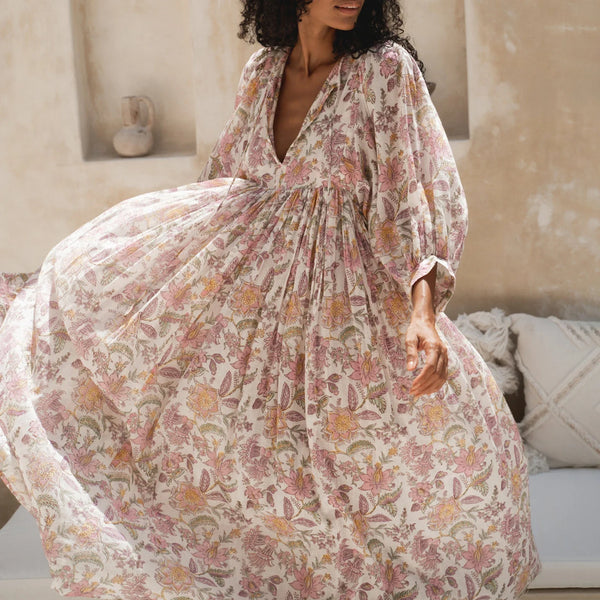 Women's Floral Boho Maxi Dress – V Neck, Lantern Sleeve, Y2K Summer Beach Sundress