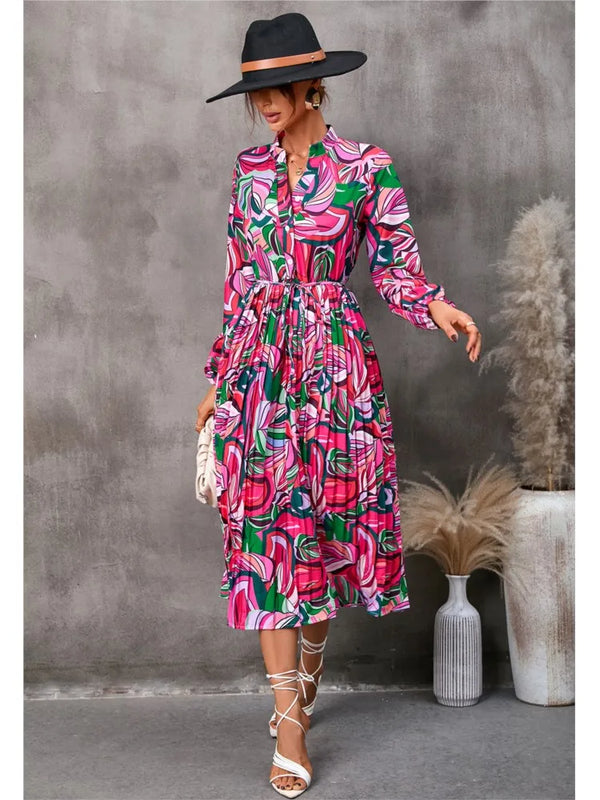 Autumn Leaf Print Midi Dress – Pleated, Lace-Up Waist, Long Sleeve