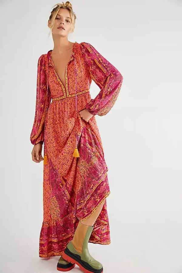 Boho Chiffon Maxi Dress – Floral Print, V Neck, Long Sleeve