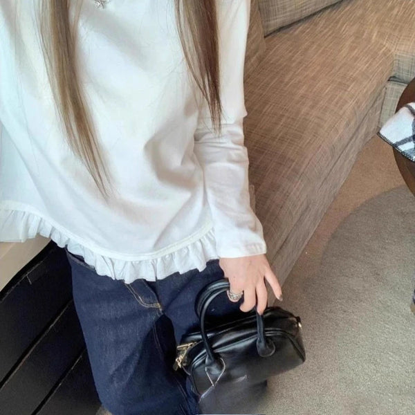 Women’s White Long Sleeve Pleated Lace Hem Shirt – Korean Style O-Neck Casual Innerwear Top for Autumn & Winter