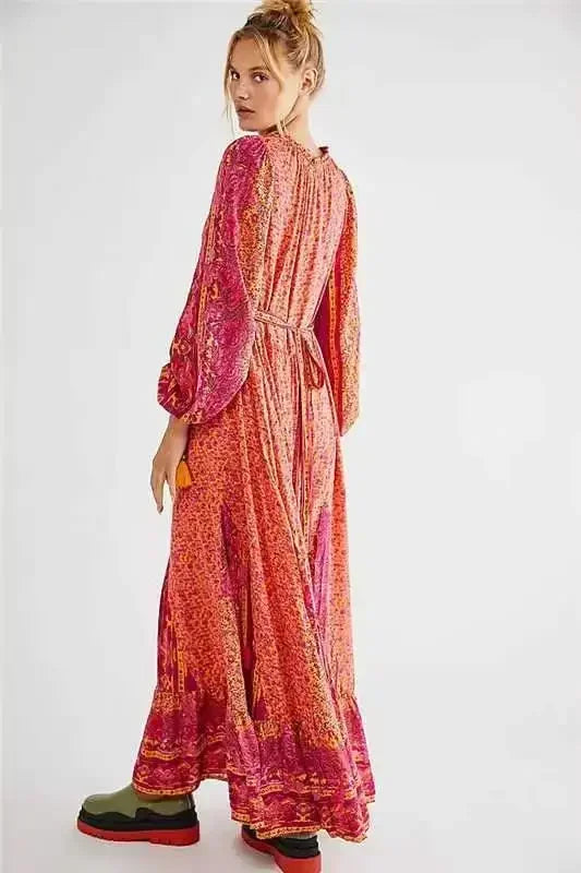 Boho Chiffon Maxi Dress – Floral Print, V Neck, Long Sleeve