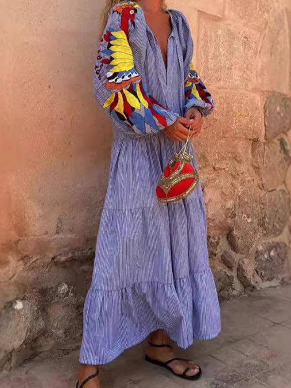 Women’s Autumn Striped V-Neck Maxi Dress – Lantern Sleeves, Loose Fit, Long Sleeve Casual A-Line Dress