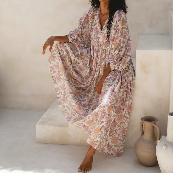 Women's Floral Boho Maxi Dress – V Neck, Lantern Sleeve, Y2K Summer Beach Sundress