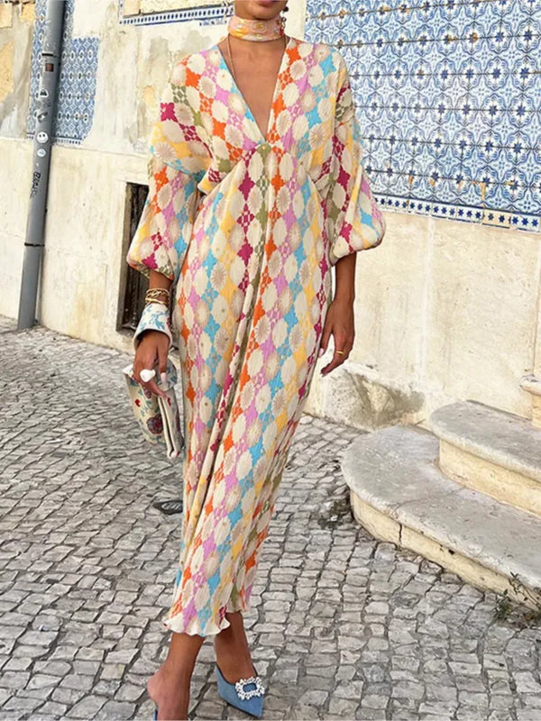 Summer V-Neck Printed Maxi Dress – Lantern Sleeve, A-Line Fit, Lightweight Casual Style