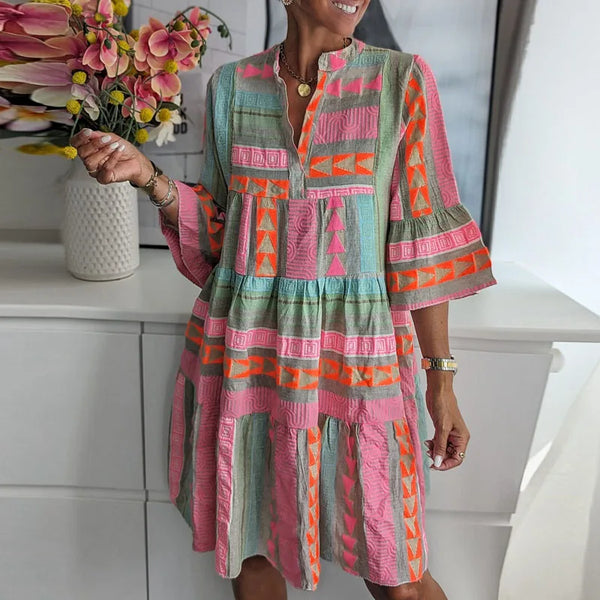 Pink Geometric A-Line Mini Dress – V-Neck, Flare Sleeve, Casual Chic