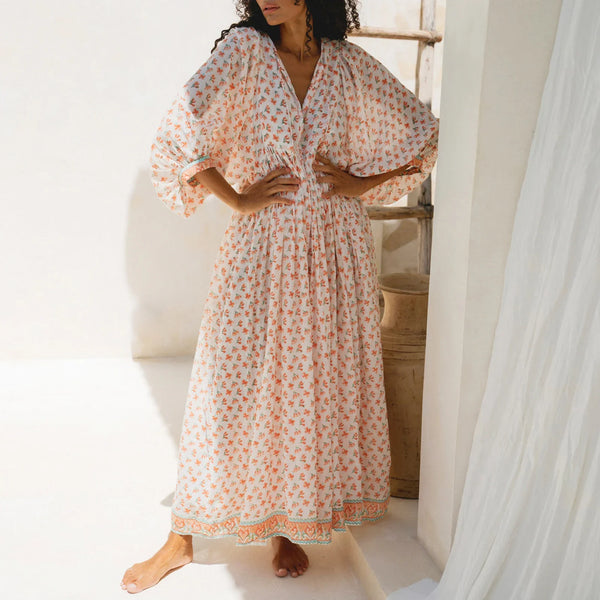 Women's Floral Boho Maxi Dress – V Neck, Lantern Sleeve, Y2K Summer Beach Sundress