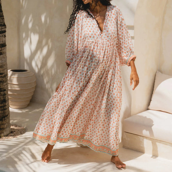Women's Floral Boho Maxi Dress – V Neck, Lantern Sleeve, Y2K Summer Beach Sundress