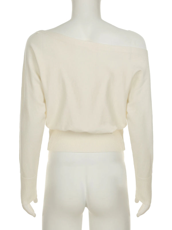 Off-Shoulder Knit Sweater – Slash Neck, Loose Fit, Winter 2025