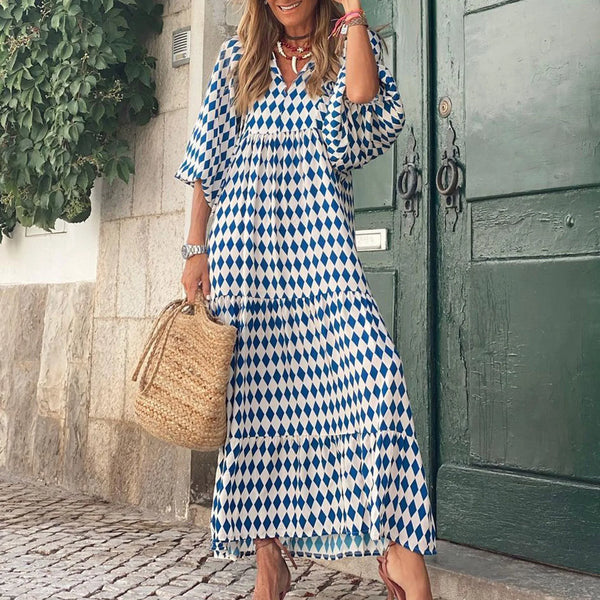 Women's Spring Geometric Print Maxi Dress – V-Neck Lace-Up, Bubble Sleeves, Ruffle Hem, Loose A-Line Swing Fit