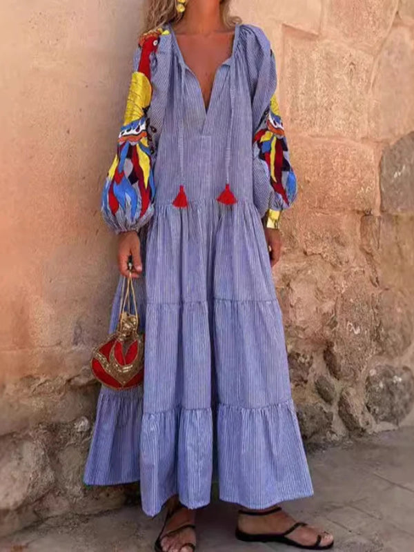 Women’s Autumn Striped V-Neck Maxi Dress – Lantern Sleeves, Loose Fit, Long Sleeve Casual A-Line Dress