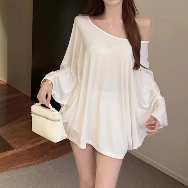 Oversized Off-Shoulder T-Shirt – Batwing Sleeve, Loose Fit, Casual Chic