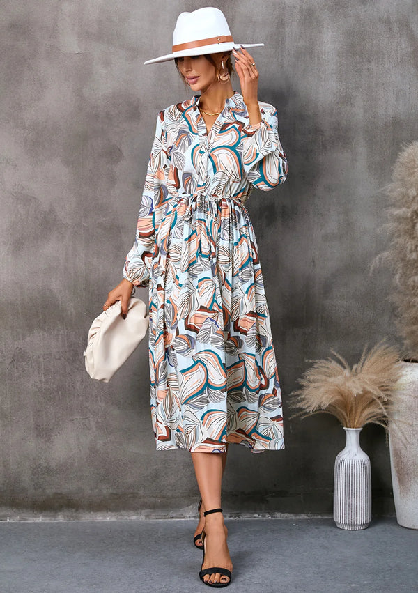 Autumn Leaf Print Midi Dress – Pleated, Lace-Up Waist, Long Sleeve