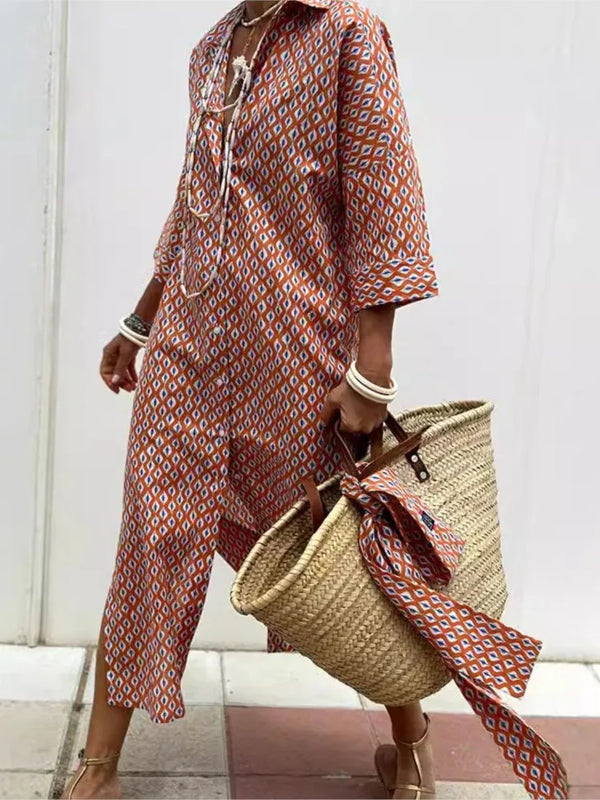 Striped Belted Shirt Dress – Long Sleeve, Mid-Calf, Office Casual