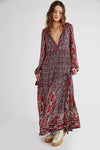 Boho Chiffon Maxi Dress – Floral Print, V Neck, Long Sleeve