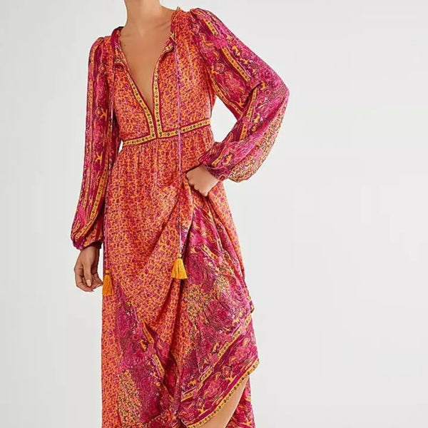 Boho Chiffon Maxi Dress – Floral Print, V Neck, Long Sleeve