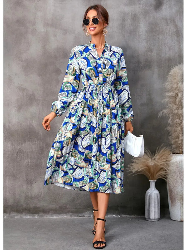 Autumn Leaf Print Midi Dress – Pleated, Lace-Up Waist, Long Sleeve