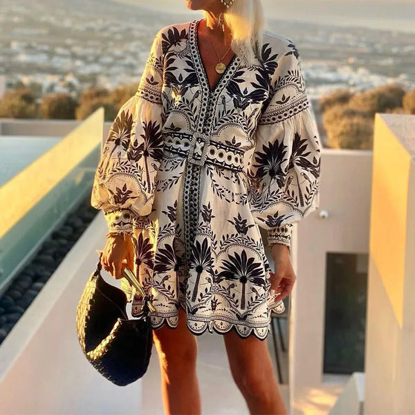 Women’s Autumn Printed V-Neck Mini Dress – Lantern Sleeves, Loose Fit, Commuter Style for Holiday & Party Looks