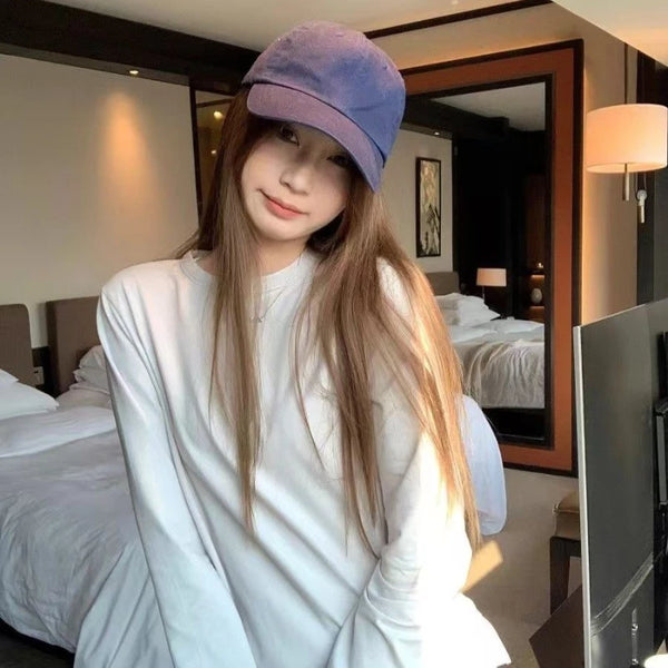 Women’s White Long Sleeve Pleated Lace Hem Shirt – Korean Style O-Neck Casual Innerwear Top for Autumn & Winter