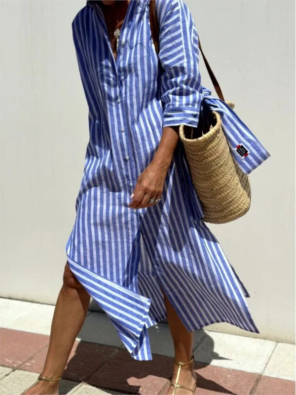 Striped Belted Shirt Dress – Long Sleeve, Mid-Calf, Office Casual