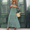 Women's Spring Geometric Print Maxi Dress – V-Neck Lace-Up, Bubble Sleeves, Ruffle Hem, Loose A-Line Swing Fit