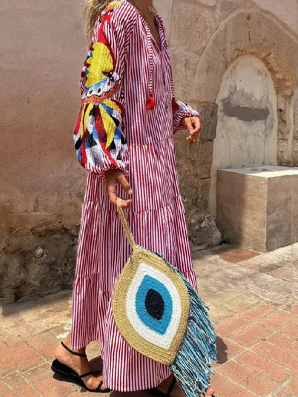 Women’s Autumn Striped V-Neck Maxi Dress – Lantern Sleeves, Loose Fit, Long Sleeve Casual A-Line Dress