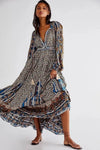 Boho Chiffon Maxi Dress – Floral Print, V Neck, Long Sleeve